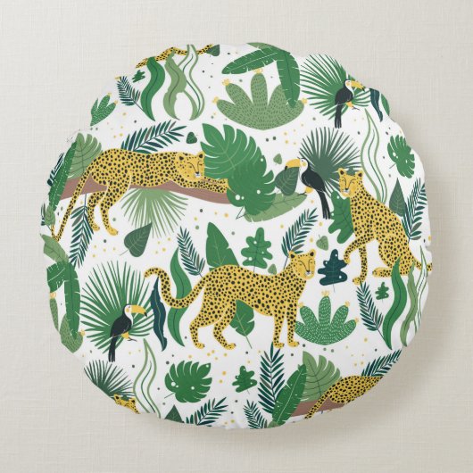 seamless pattern of leopards in jungle. Summer tro ラウンドクッション (正面)