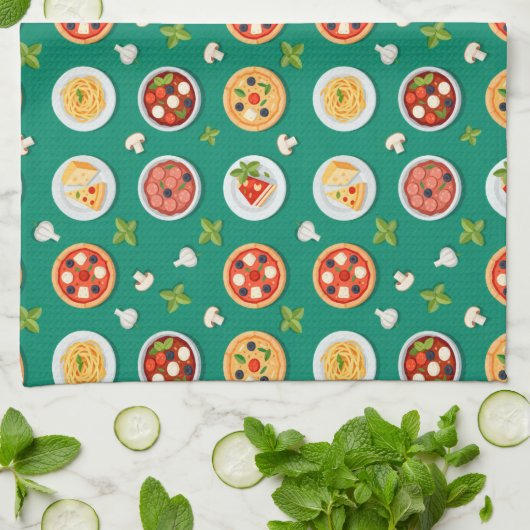 Seamless pattern on green pizza pasta and tomato キッチンタオル (折り畳み)