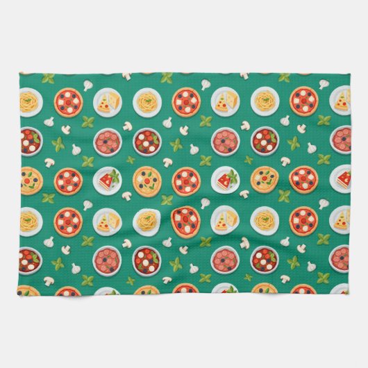 Seamless pattern on green pizza pasta and tomato キッチンタオル (横)