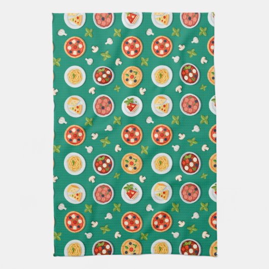 Seamless pattern on green pizza pasta and tomato キッチンタオル (縦)