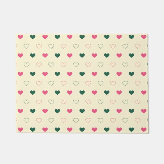 Seamless Pattern - Pink & Green Hearts on Cream ドアマット (正面)