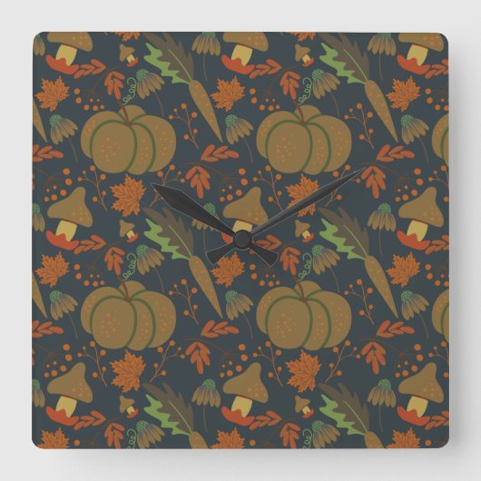 Seamless pattern Pumpkin & carrot dark background スクエア壁時計 (正面)