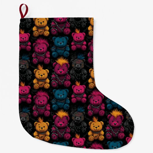 Seamless Pattern Rebellious Punk Rock Teddies ラージクリスマスストッキング (正面)