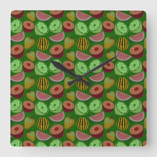 Seamless pattern tropical fruit & green background スクエア壁時計 (正面)