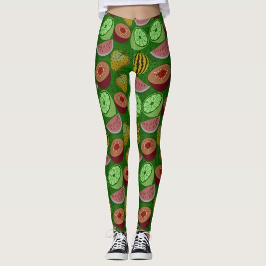 Seamless pattern tropical fruit & green background レギンス (正面)