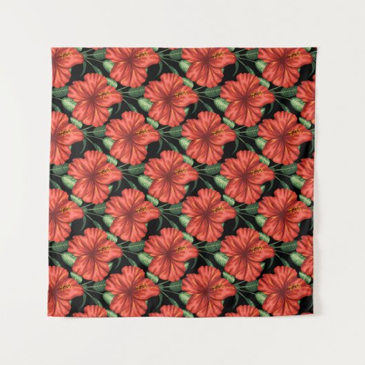 Seamless pattern Tropical red flowers green leaves タペストリー (正面(横))