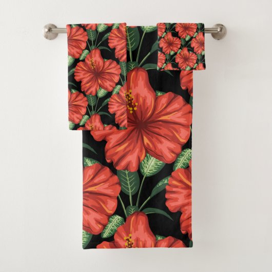 Seamless pattern Tropical red flowers green leaves バスタオルセット (インサイチュ)