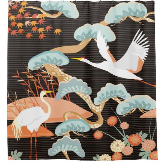 Seamless pattern with birds. Crane. Heron. Japanes シャワーカーテン (正面)