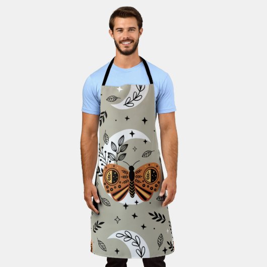 seamless pattern with bohemian butterfly on the mo エプロン (着用した状態)