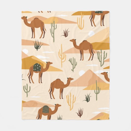 Seamless pattern with camels, dunes and cacti. Cut フリースブランケット (正面)