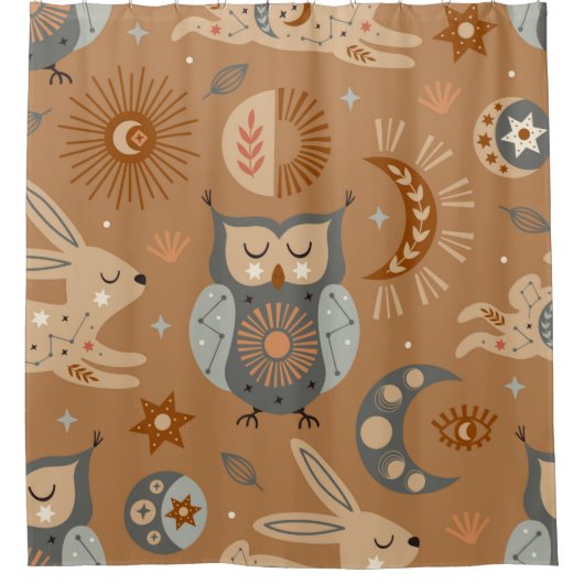 seamless pattern with celestial owl and hare シャワーカーテン (正面)