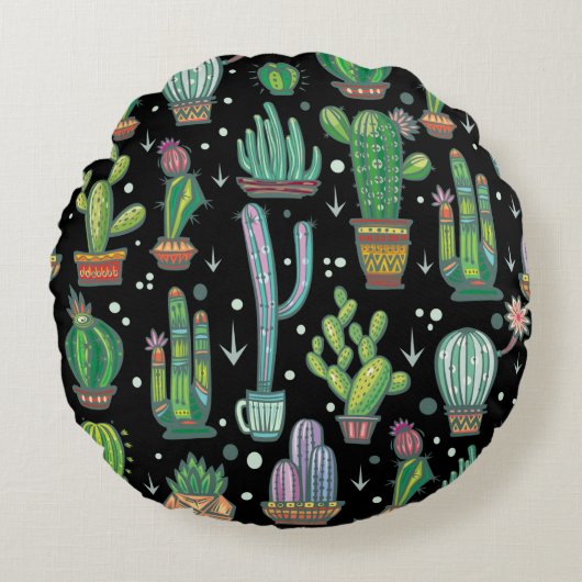 Seamless pattern with cute cactuses ラウンドクッション (正面)