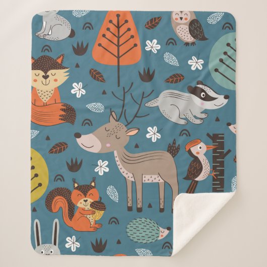 Seamless pattern with forest animals on blue backg シェルパブランケット (正面)
