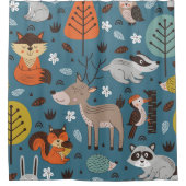 Seamless pattern with forest animals on blue backg シャワーカーテン (正面)