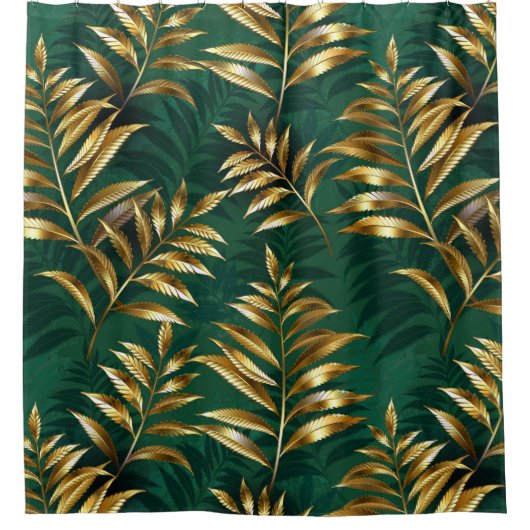 Seamless pattern with golden ferns シャワーカーテン (正面)