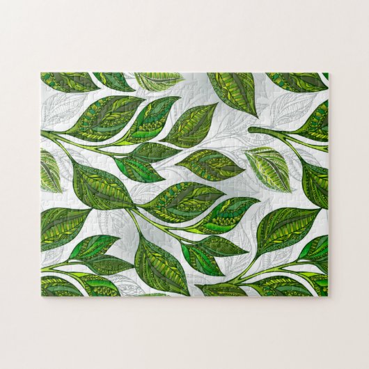 Seamless Pattern with Green Tea Leaves ジグソーパズル (横)