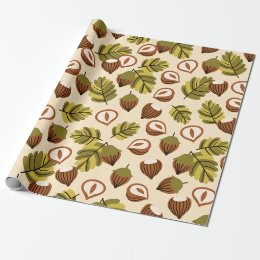 Seamless pattern with hazelnut leaves and acorns. ラッピングペーパー (アンロールド)