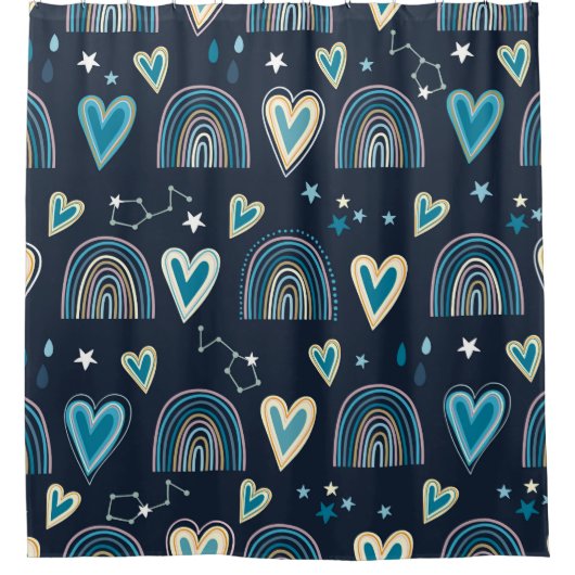 Seamless pattern with hearts, rainbows and celesti シャワーカーテン (正面)