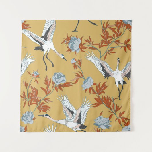 Seamless pattern with Japanese white cranes and pe タペストリー (正面)