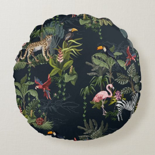 Seamless pattern with jungle animals, flowers and  ラウンドクッション (正面)