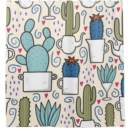 Seamless pattern with llama, cactus hand drawn des シャワーカーテン (正面)
