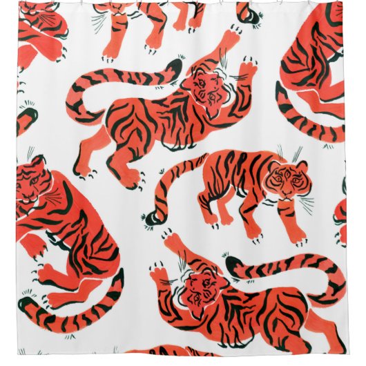 Seamless pattern with painted in gouache tigers in シャワーカーテン (正面)