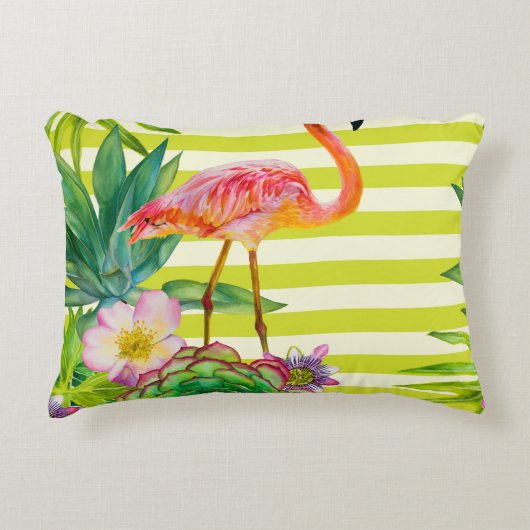 seamless pattern with pink flamingo and exotic tr アクセントクッション (正面)