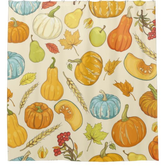 Seamless pattern with pumpkins, autumn leaves, app シャワーカーテン (正面)