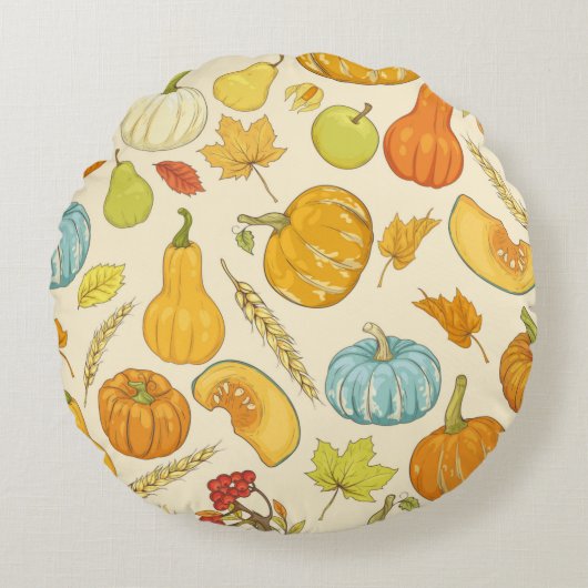 Seamless pattern with pumpkins, autumn leaves, app ラウンドクッション (正面)