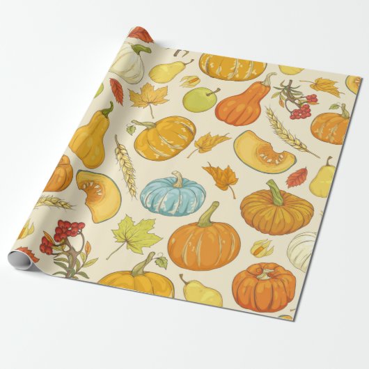Seamless pattern with pumpkins, autumn leaves, app ラッピングペーパー (アンロールド)