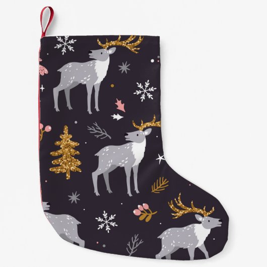  seamless pattern with reindeer, fir trees and sno スモールクリスマスストッキング (正面)