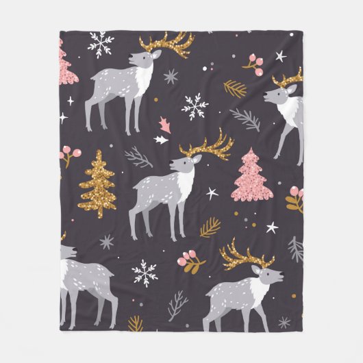  seamless pattern with reindeer, fir trees and sno フリースブランケット (正面)