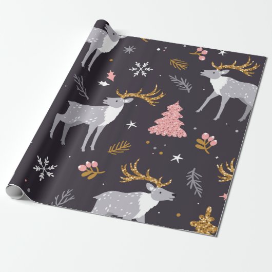 seamless pattern with reindeer, fir trees and sno ラッピングペーパー (アンロールド)