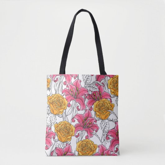 Seamless pattern with roses and lilies. Hand drawn トートバッグ (正面)