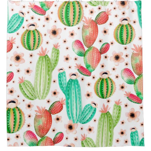 Seamless pattern with succulents. Watercolor cactu シャワーカーテン (正面)