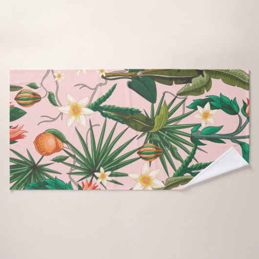 Seamless pattern with tropical leaf, flowers and f バスタオル (バスタオル)