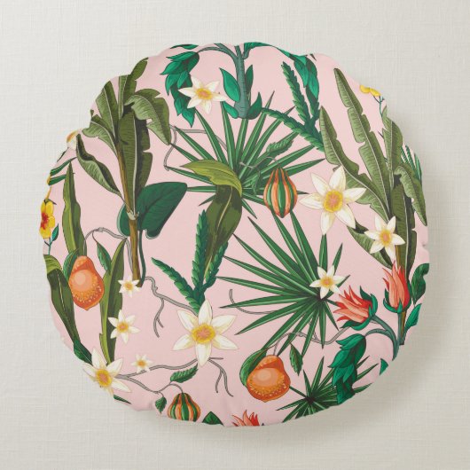 Seamless pattern with tropical leaf, flowers and f ラウンドクッション (正面)