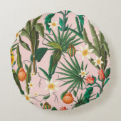 Seamless pattern with tropical leaf, flowers and f ラウンドクッション (裏面)
