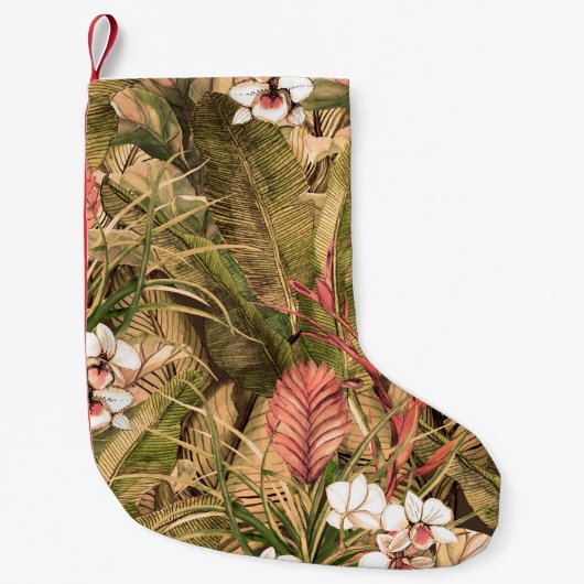 Seamless pattern with tropical leaves and flowers. スモールクリスマスストッキング (正面)