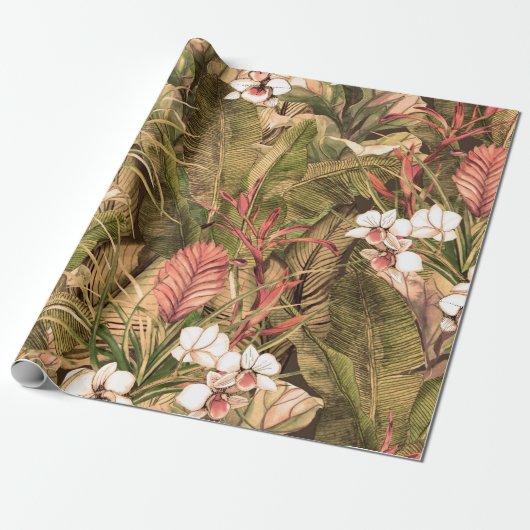 Seamless pattern with tropical leaves and flowers. ラッピングペーパー (アンロールド)