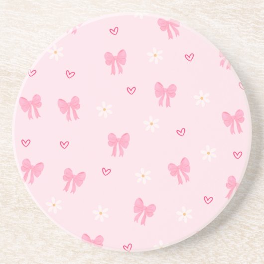Seamless Pink Bow and Floral Pattern – Cute Girly コースター (正面)