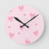 Seamless Pink Bow and Floral Pattern – Cute Girly  ラウンド壁時計 (正面)