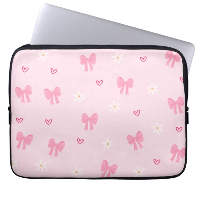 Seamless Pink Bow and Floral Pattern – Cute Girly  ラップトップスリーブ (正面)