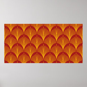 Seamless red and gold vintage art deco peacock fis ポスター