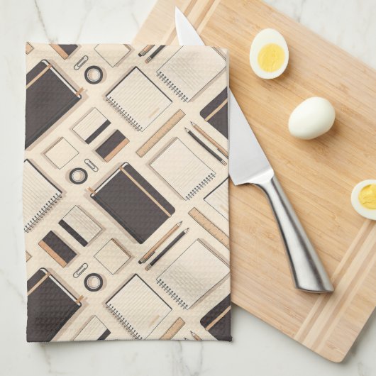 Seamless stationery pattern notebooks rulers キッチンタオル (四つ折り)