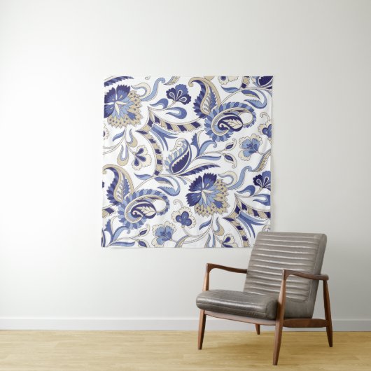 Seamless traditional Indian blue paisley patternpa タペストリー (インサイチュ(横))