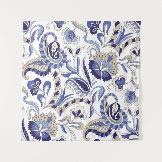 Seamless traditional Indian blue paisley patternpa タペストリー (正面)