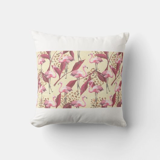 Seamless tropical pattern with pink flamingo, leav クッション (正面)