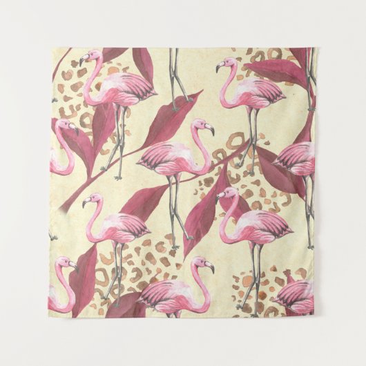 Seamless tropical pattern with pink flamingo, leav タペストリー (正面)