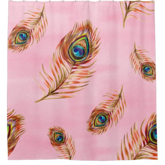 Seamless watercolor pattern with gold peacock feat シャワーカーテン (正面)